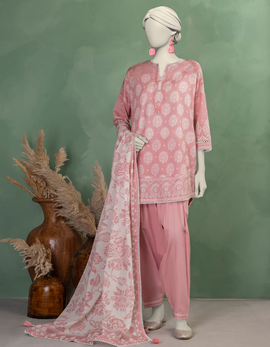 PINK LAWN PRINTED UNSTITCHED 3PC