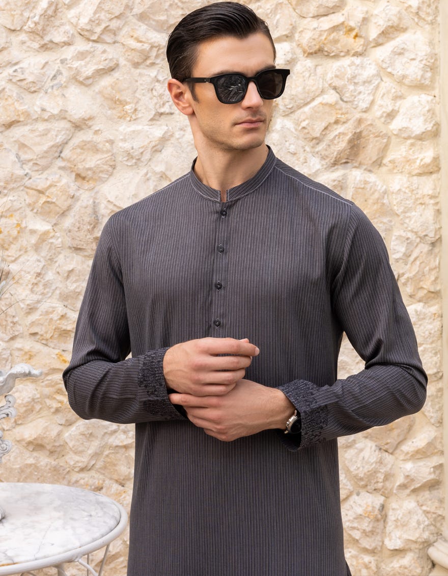 Grey Texture Cotton Men's Kurta | Jjk-S-90375