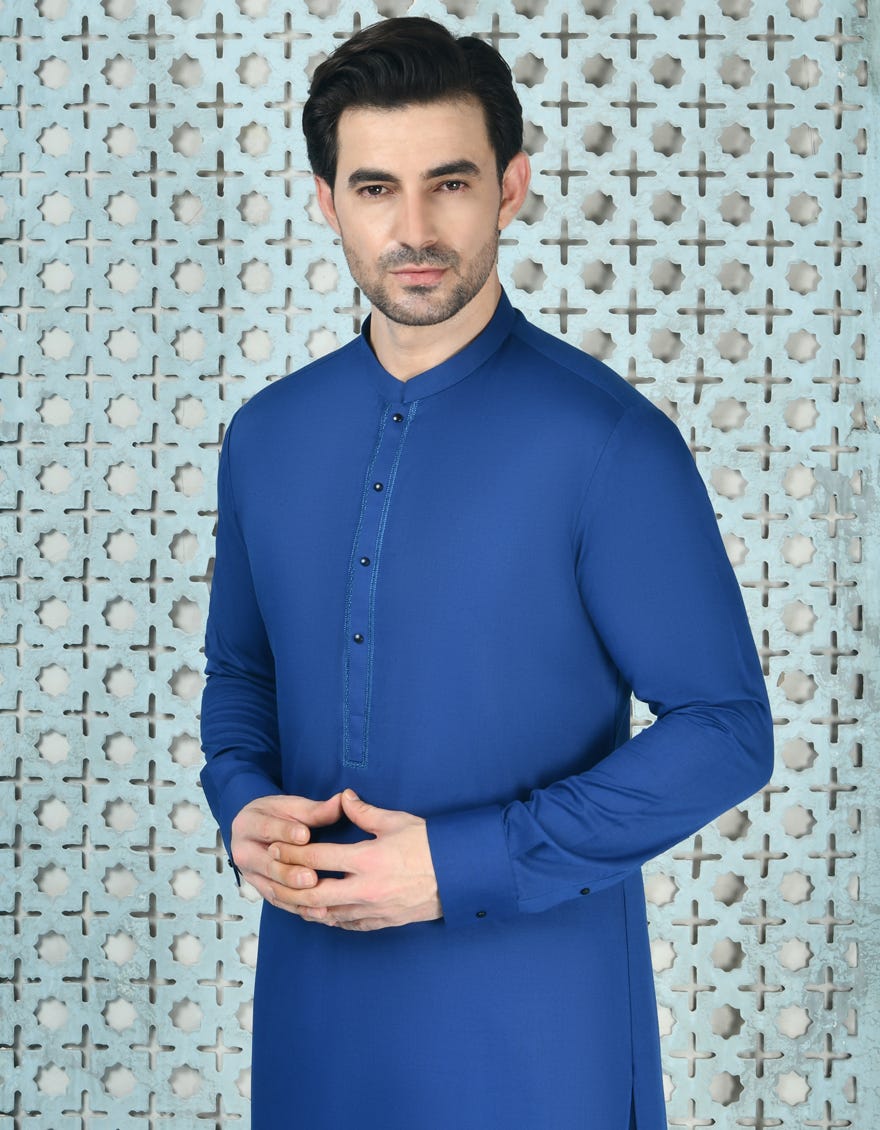 Royal Blue Blended Men's Kameez Shalwar | Jjks-S-90442