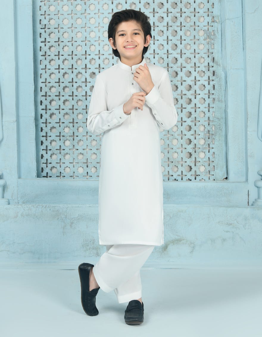 White Blended Kid's Kameez Shalwar | Jcks-S-90443
