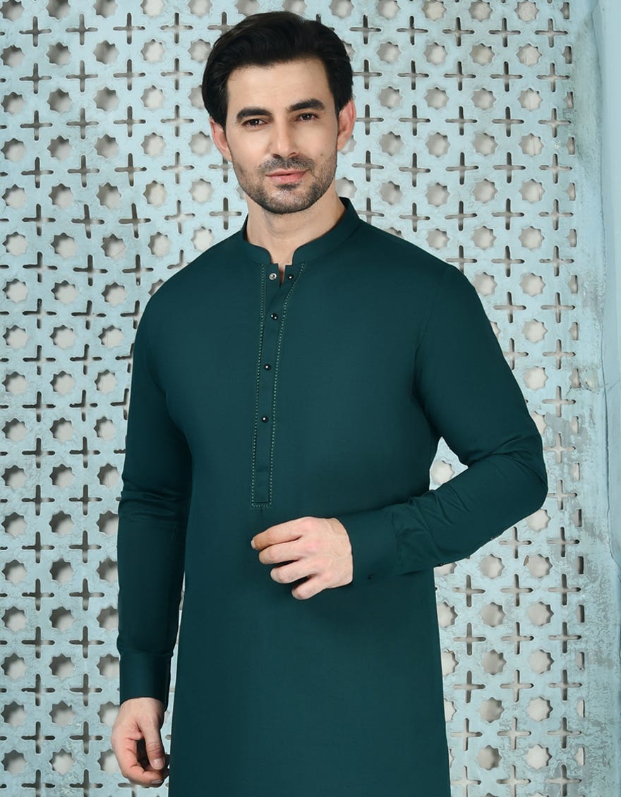 Green Blended Men's Kameez Shalwar | Jjks-A-90446