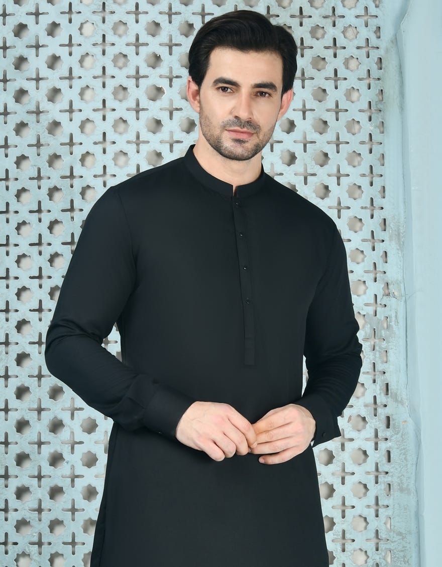 Black Blended Men's Kameez Shalwar | Jjks-A-90449