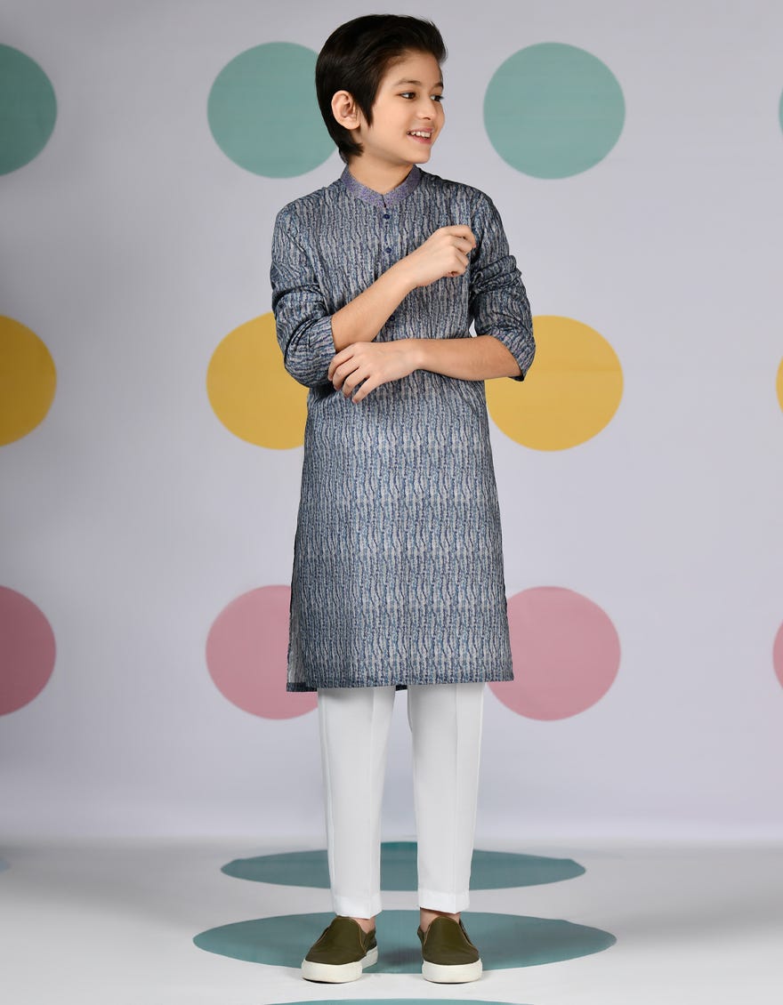 Blue Grey Cotton Kid's Kurta | Jck-S-90459