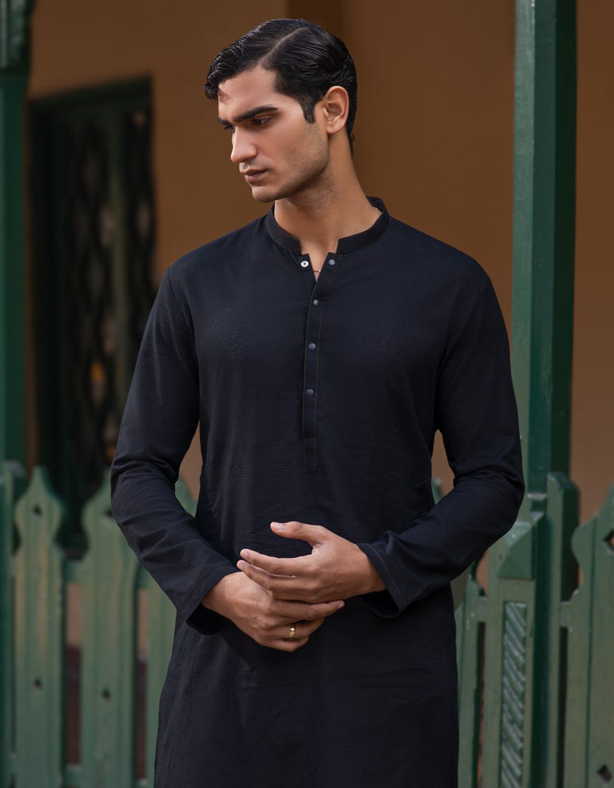 BLACK COTTON SEMI-FORMAL KURTA TROUSERS