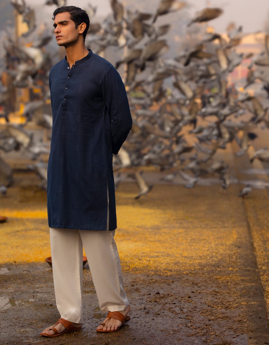 NAVY BLUE COTTON SEMI-FORMAL KURTA TROUSERS