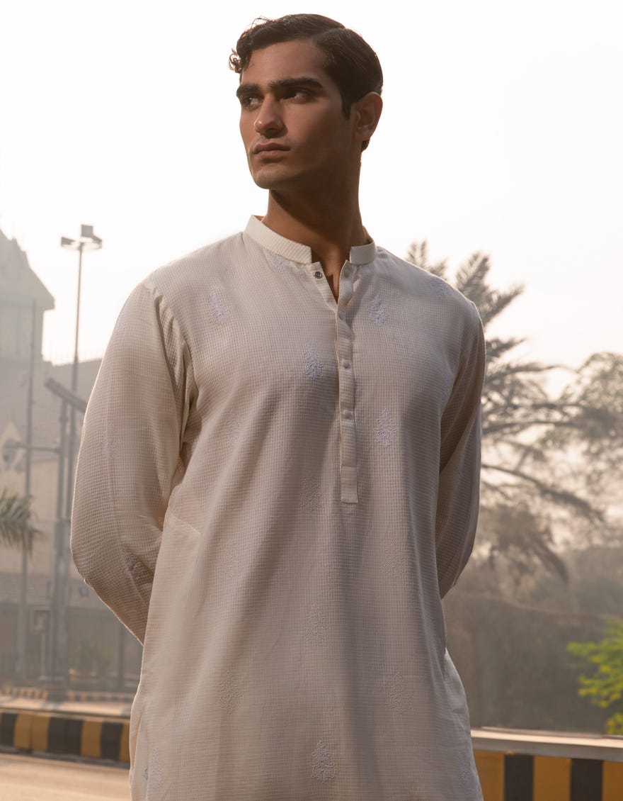 OFF WHITE COTTON SEMI-FORMAL KURTA TROUSERS