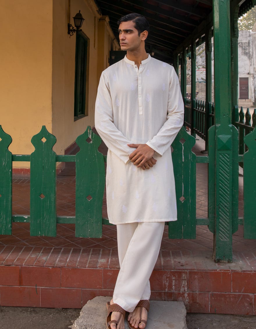 OFF WHITE COTTON SEMI-FORMAL KURTA TROUSERS