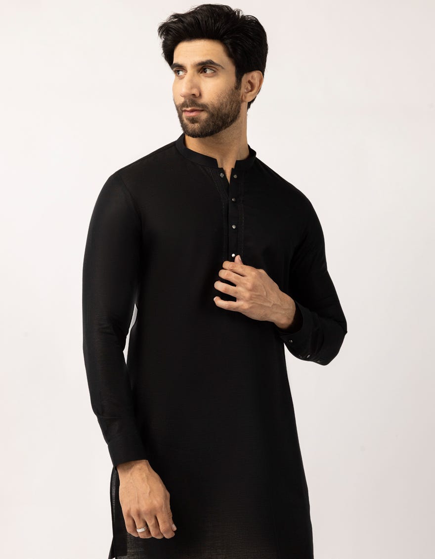 BLACK COTTON SEMI-FORMAL SHORT KURTA