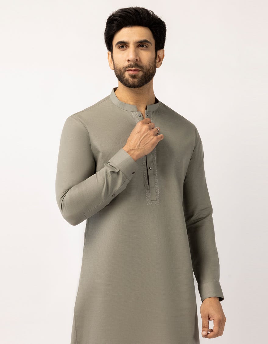 OLIVE COTTON SEMI-FORMAL SHORT KURTA