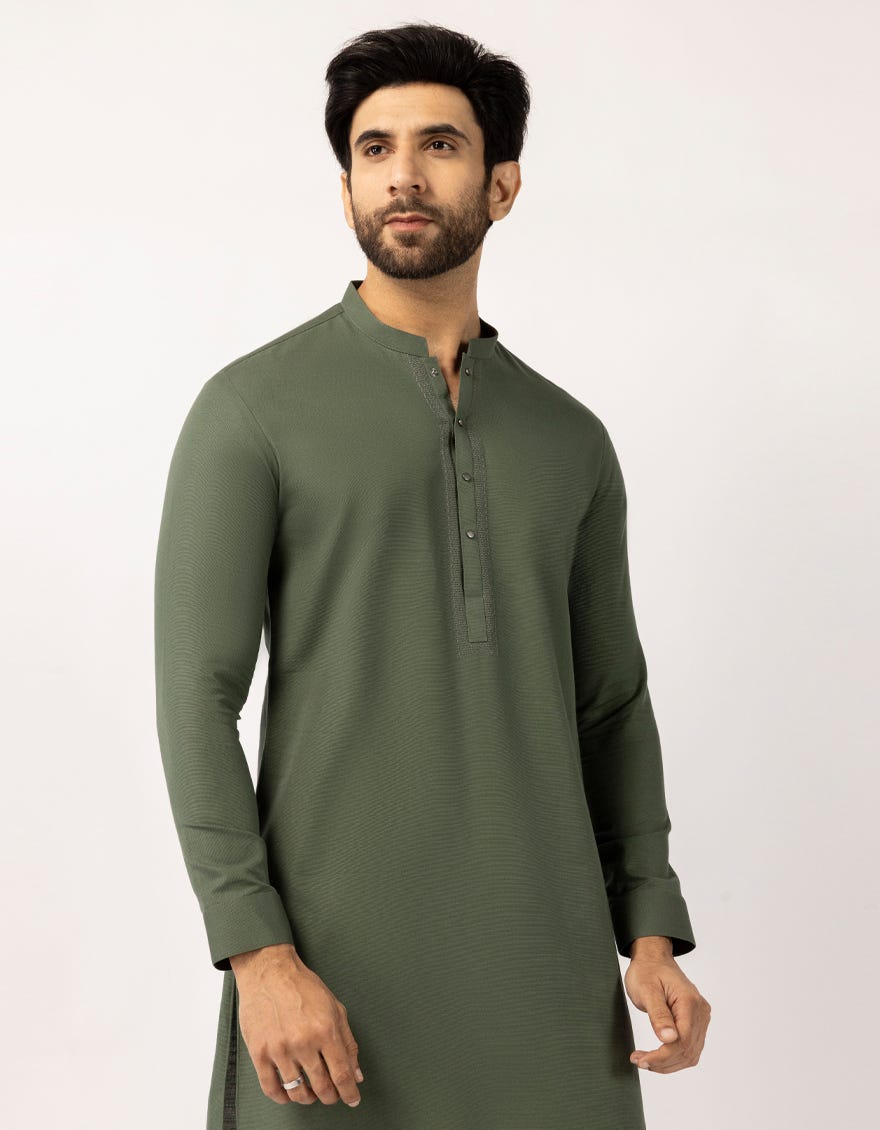 GREEN COTTON SEMI-FORMAL SHORT KURTA