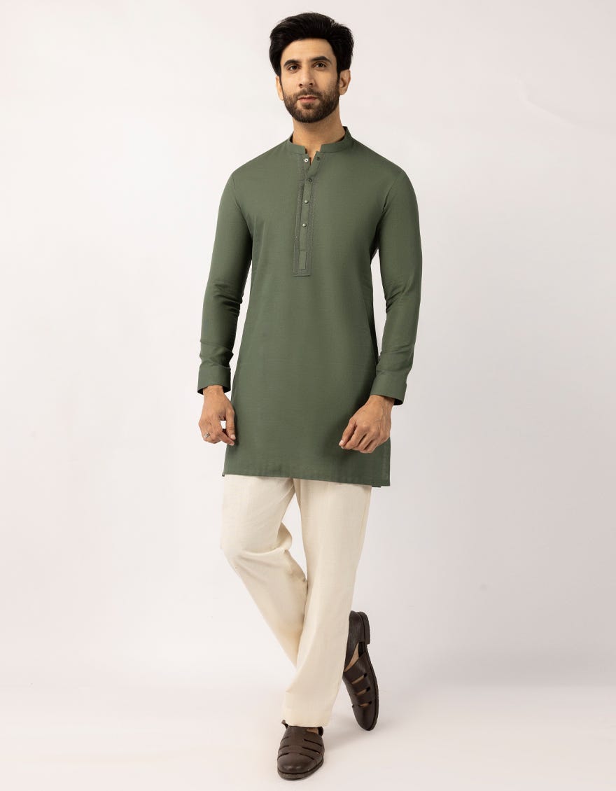 GREEN COTTON SEMI-FORMAL SHORT KURTA