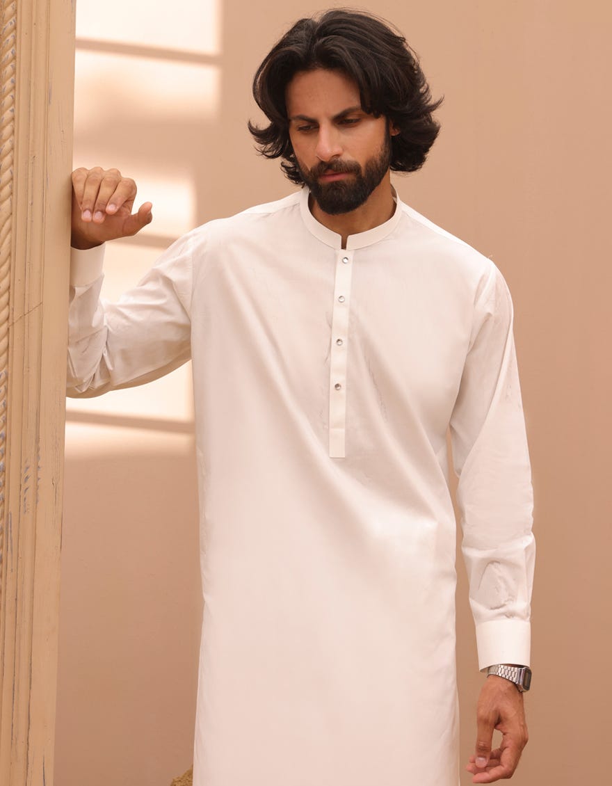 White Cotton Men's Kameez Shalwar | Jjks-A-91412