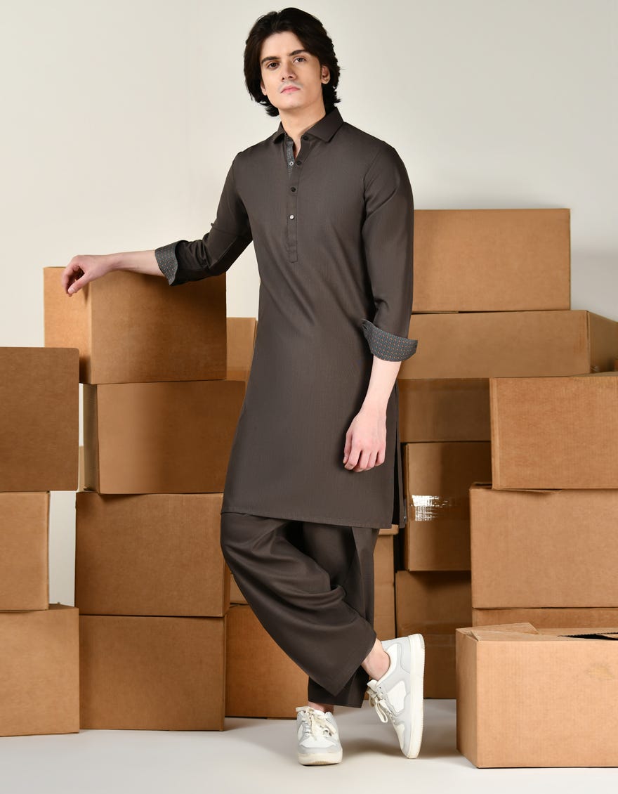 Brown Blended Teen Boy's Kameez Shalwar | Jtks-A-91432