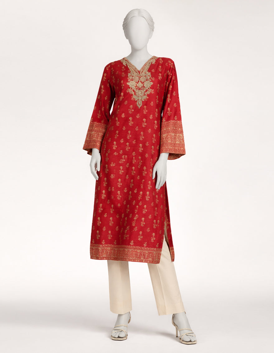 RED RAW SILK EMBROIDERED KURTA