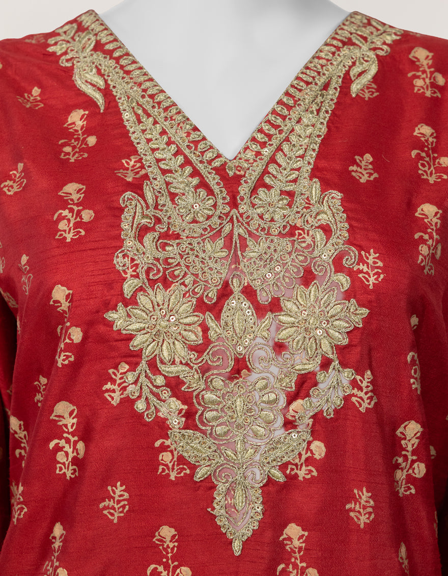 RED RAW SILK EMBROIDERED KURTA