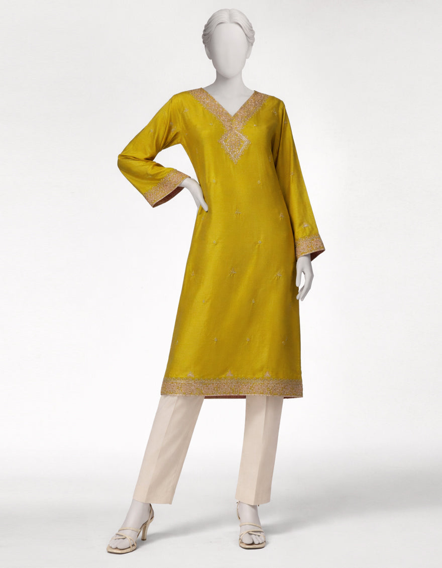 OLIVE RAW SILK EMBROIDERED KURTA