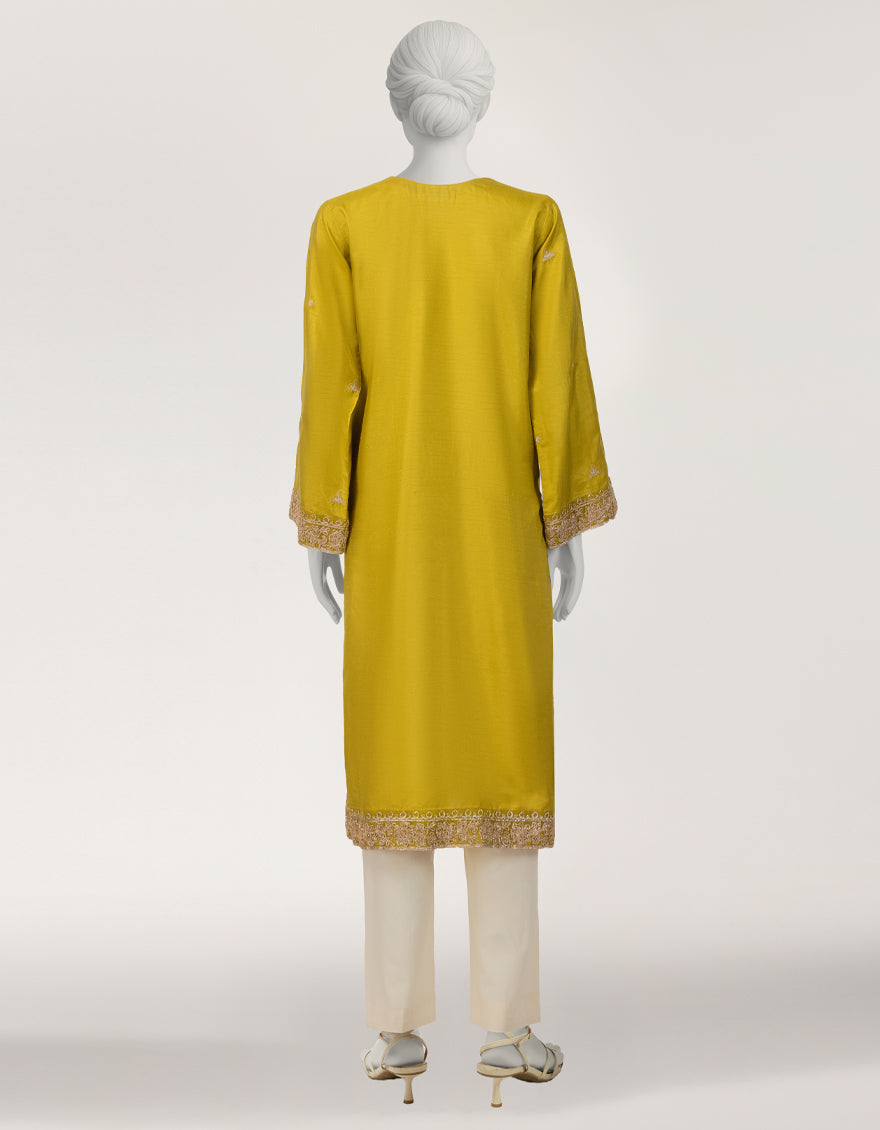 OLIVE RAW SILK EMBROIDERED KURTA