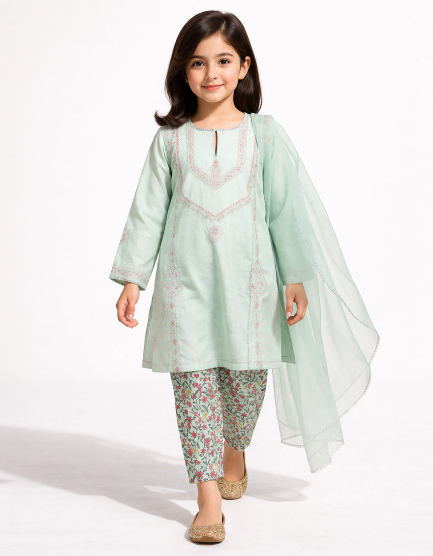 BLUE DOBBY EMBROIDERED STITCHED 3PC