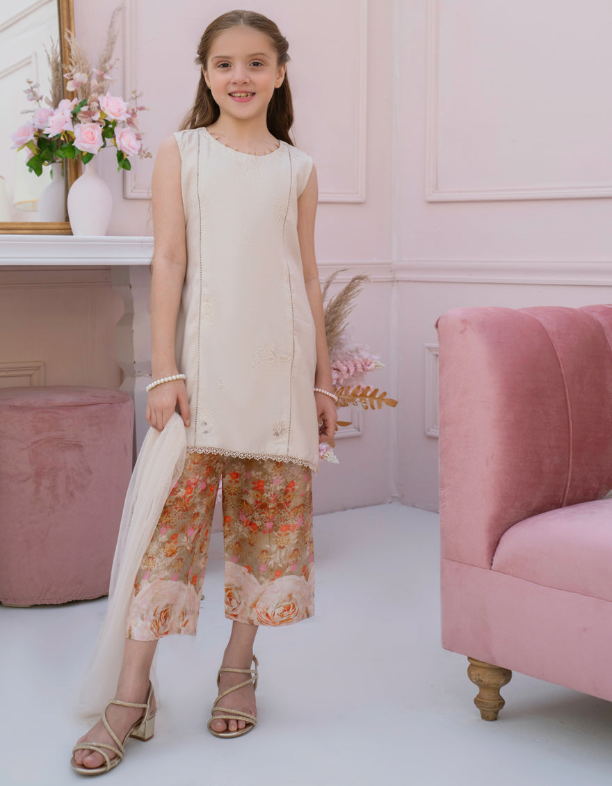 BEIGE ORGANZA EMBROIDERED 3PC STITCHED