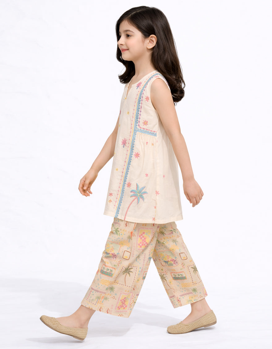 BEIGE LAWN EMBROIDERED STITCHED 2PC