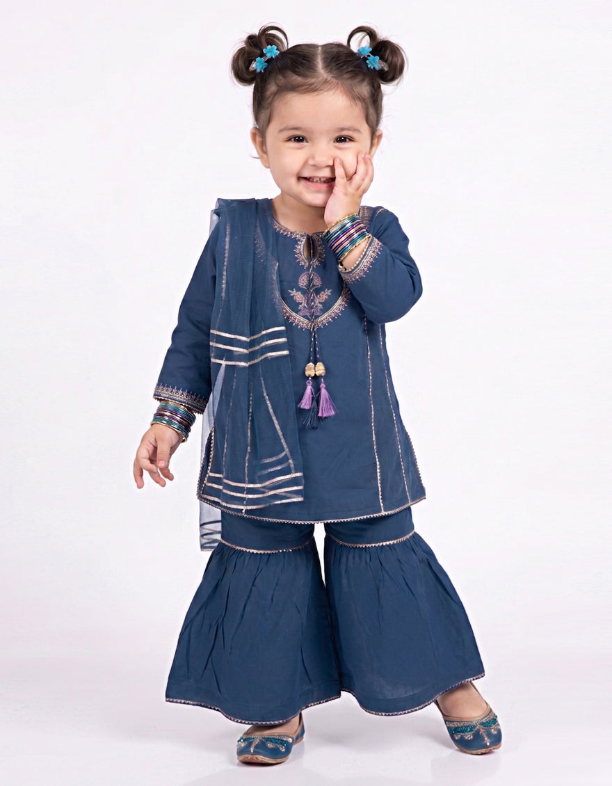 BLUE RAW SILK EMBROIDERED STITCHED 3PC