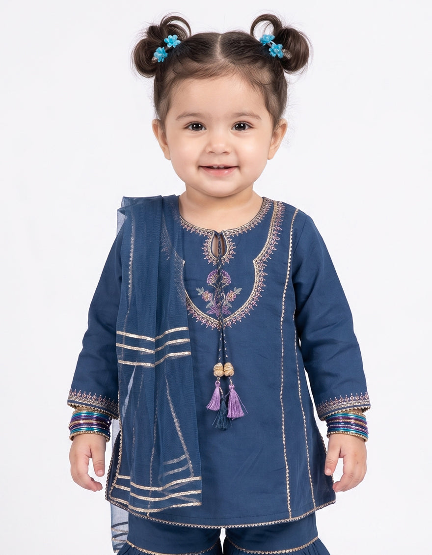 BLUE RAW SILK EMBROIDERED STITCHED 3PC
