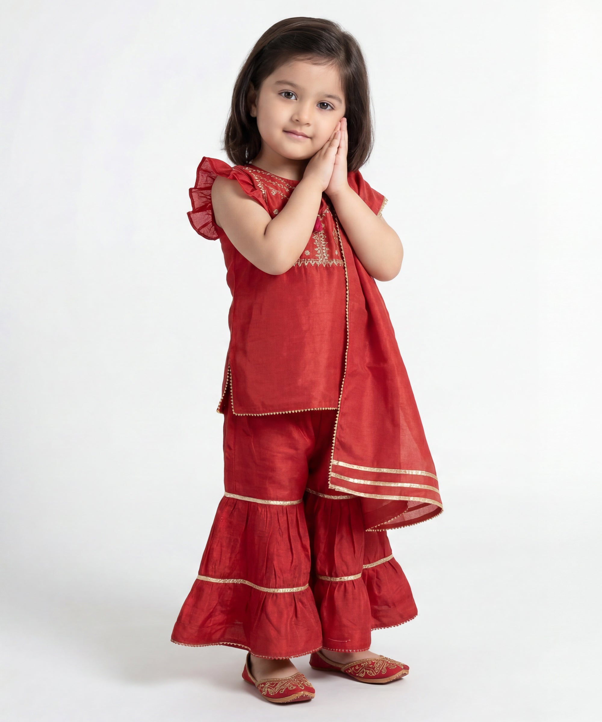 RED RAW SILK EMBROIDERED STITCHED 3PC