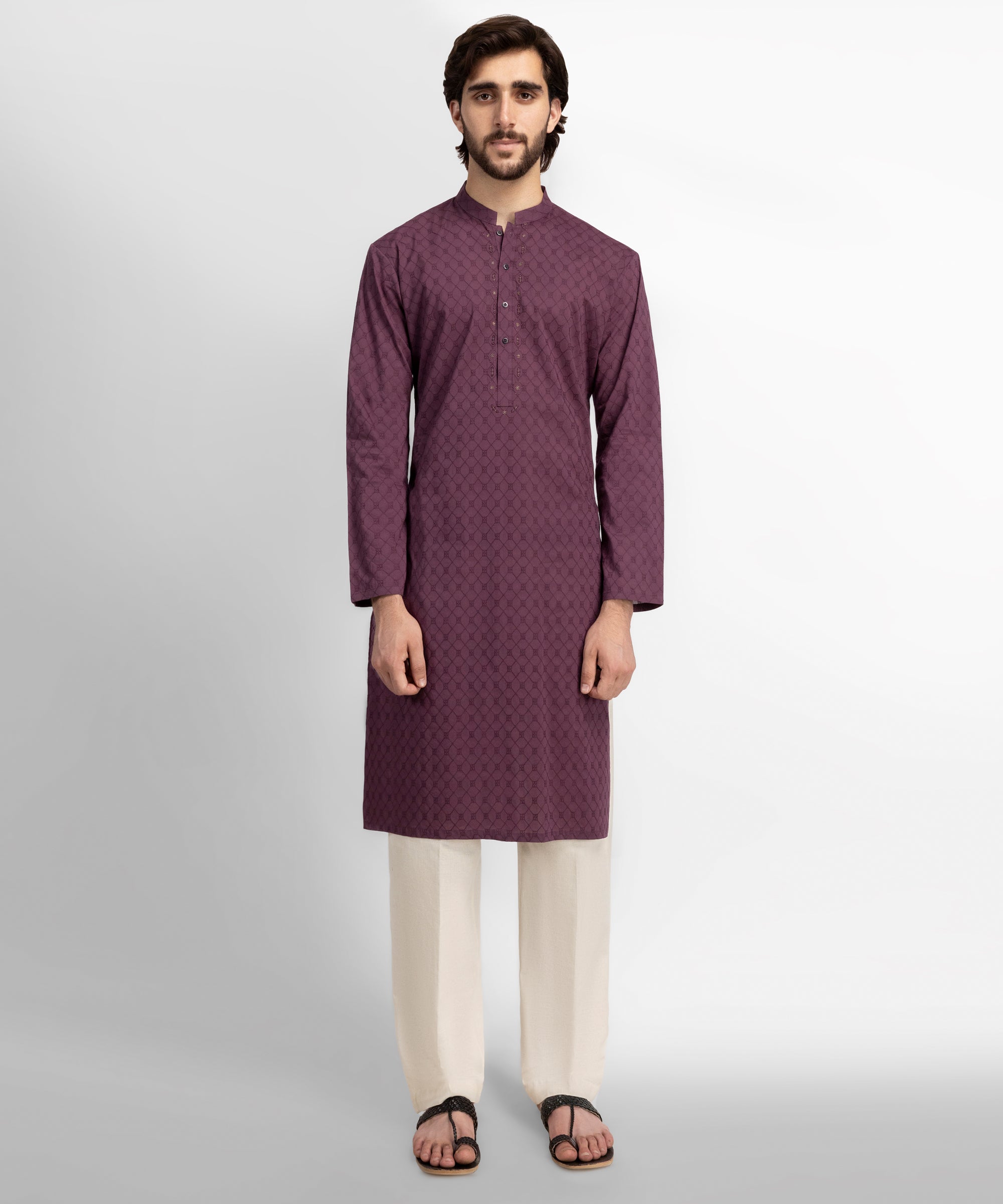 Purple Cotton Formal Schiffli Kurta