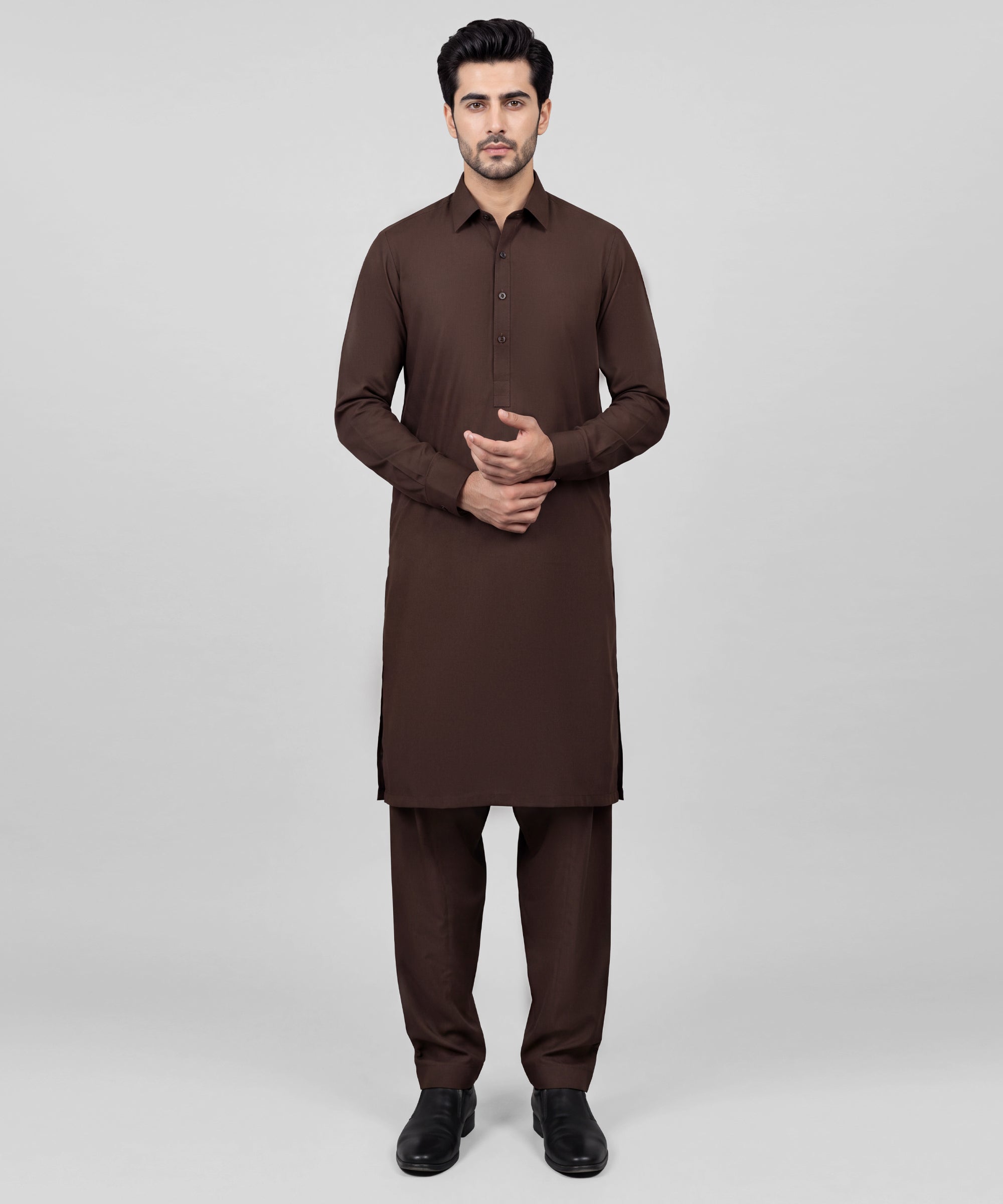 Brown Plain Kurta Trousers