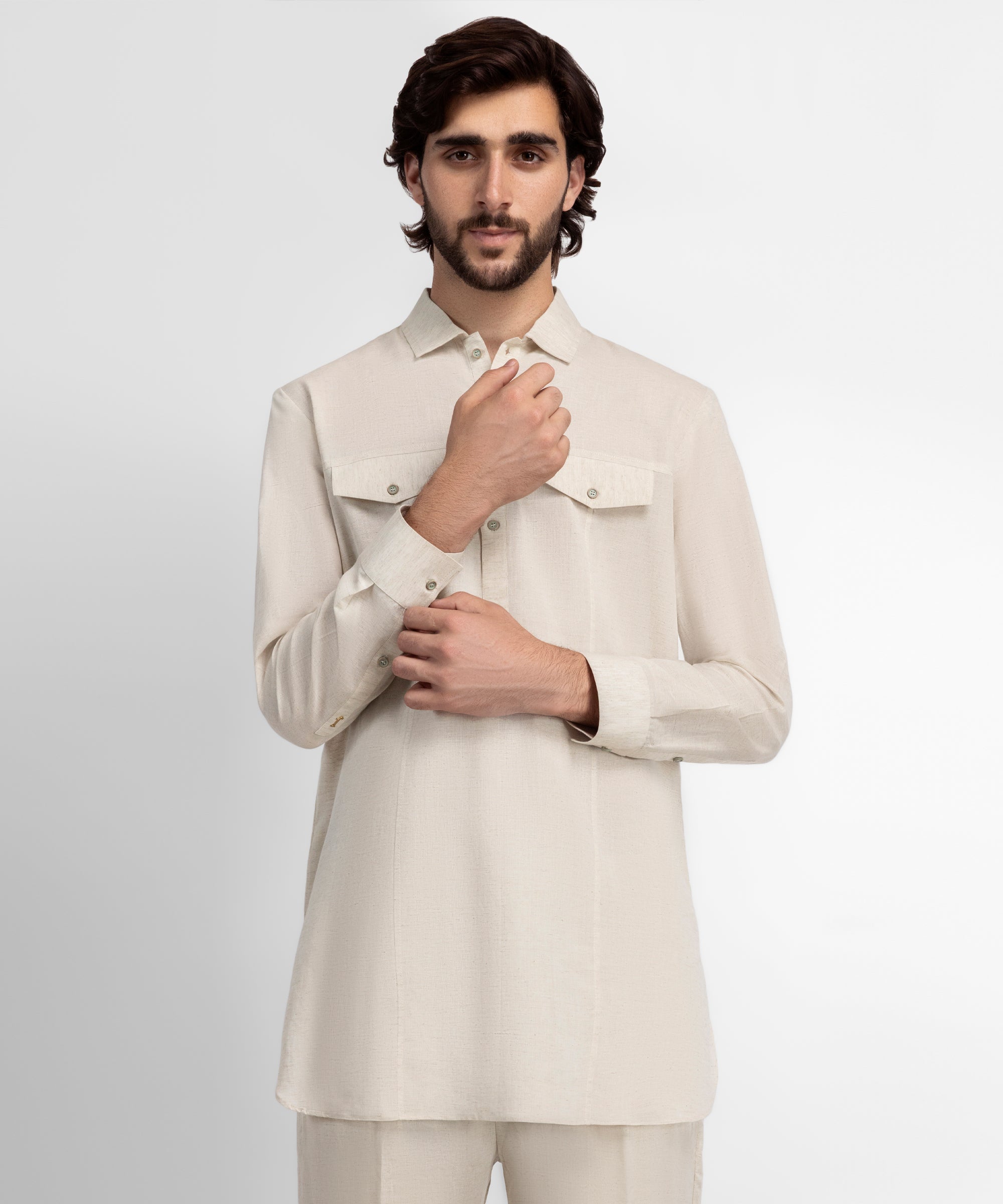 Ash White Casual Short Kurta Trousers