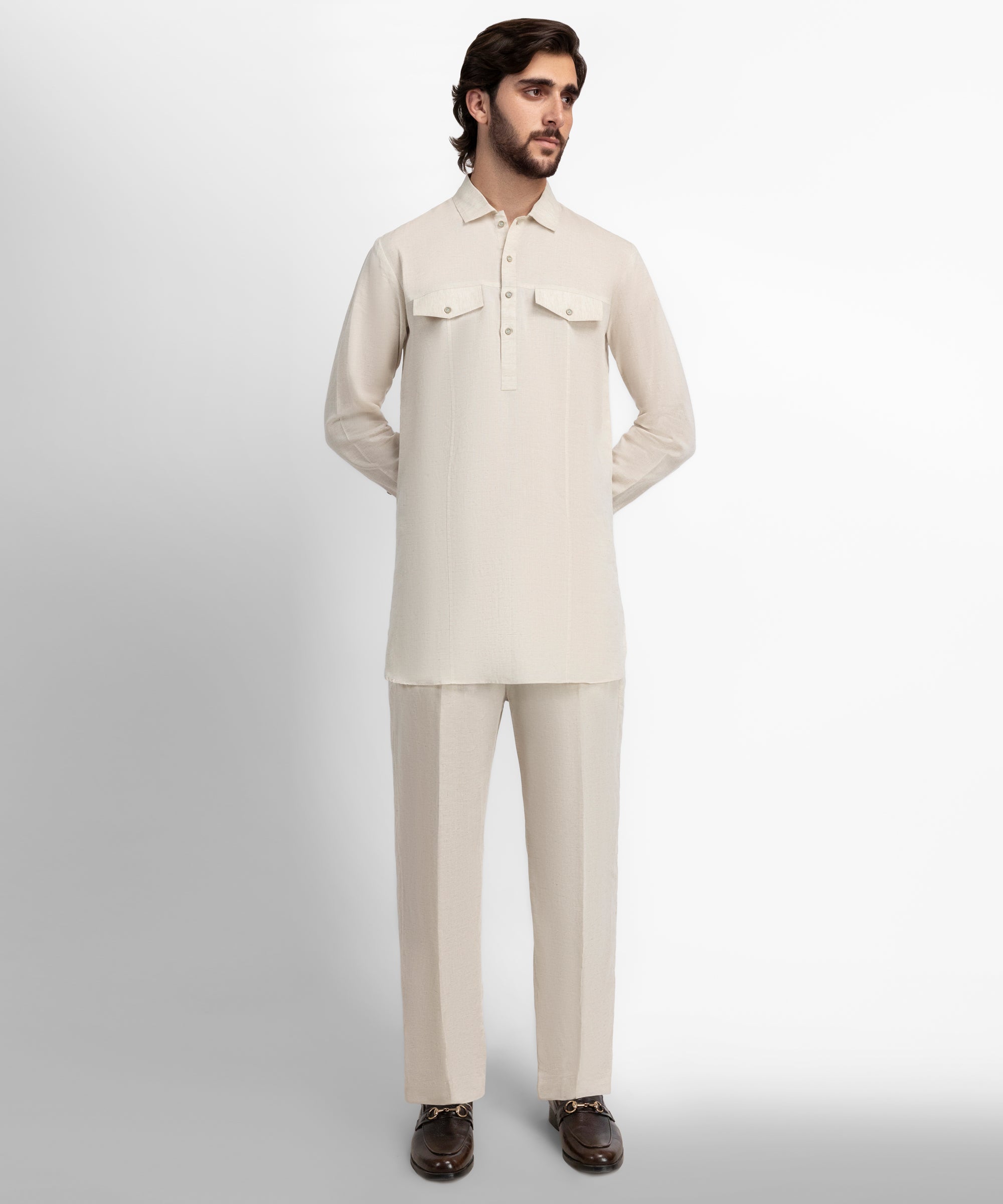 Ash White Casual Short Kurta Trousers