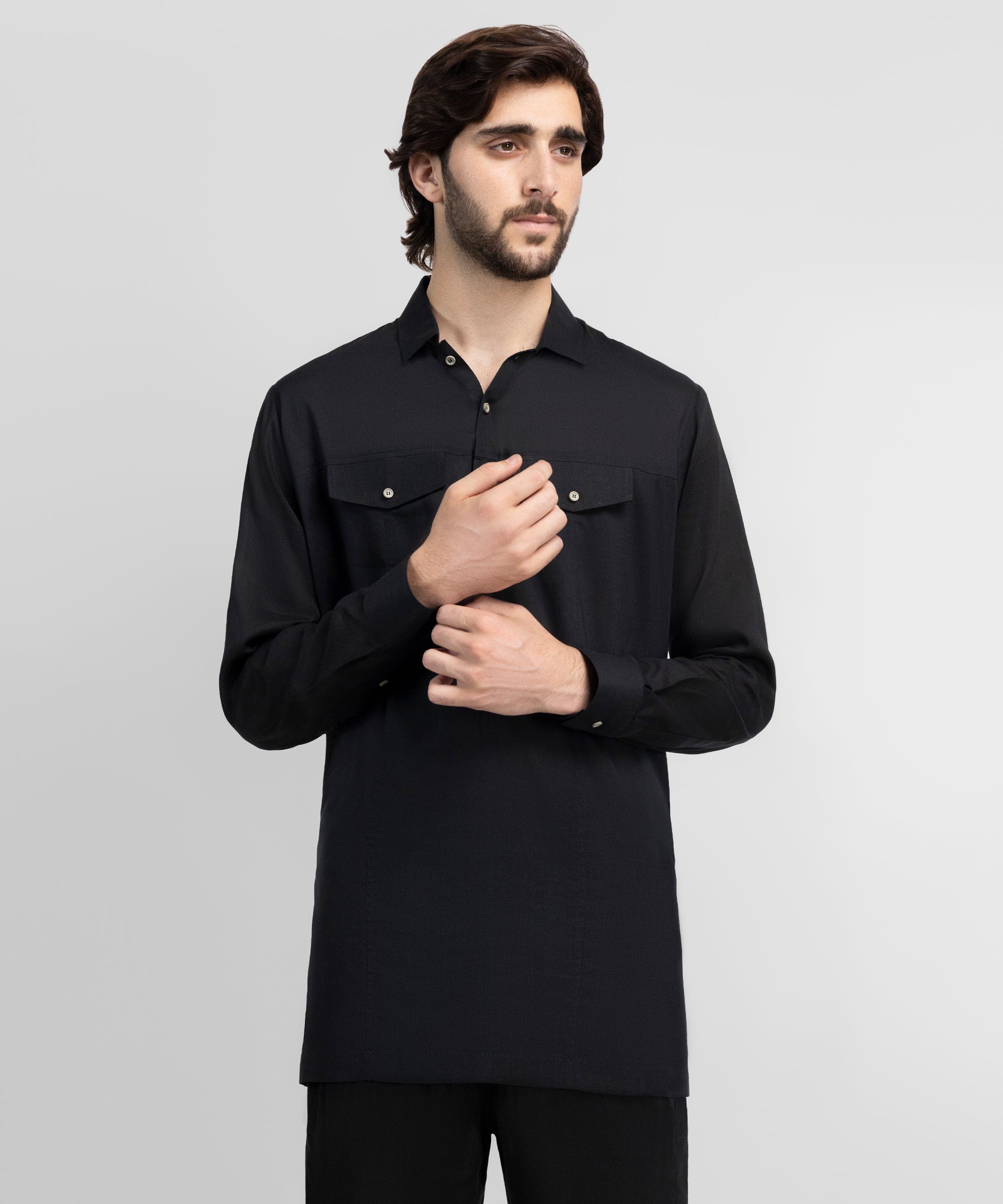 Black Cotton Casual Short Kurta Trousers