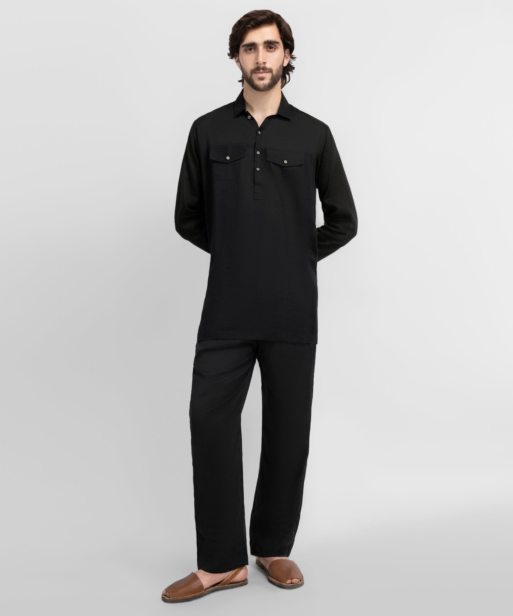 Black Cotton Casual Short Kurta Trousers