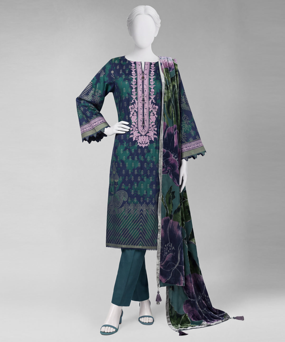 Blue Embroidered Jacquard Unstitched 3Pc