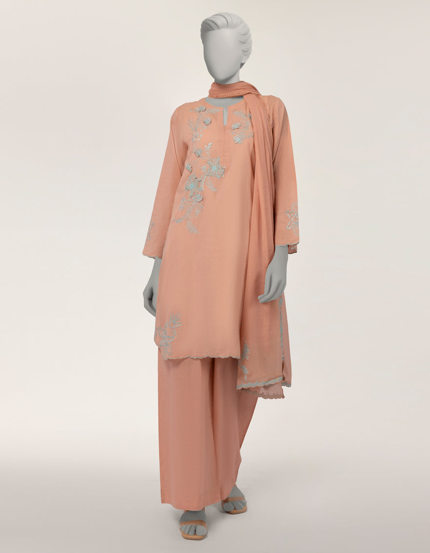 PINK DOBBY EMBROIDERED STITCHED 3PC