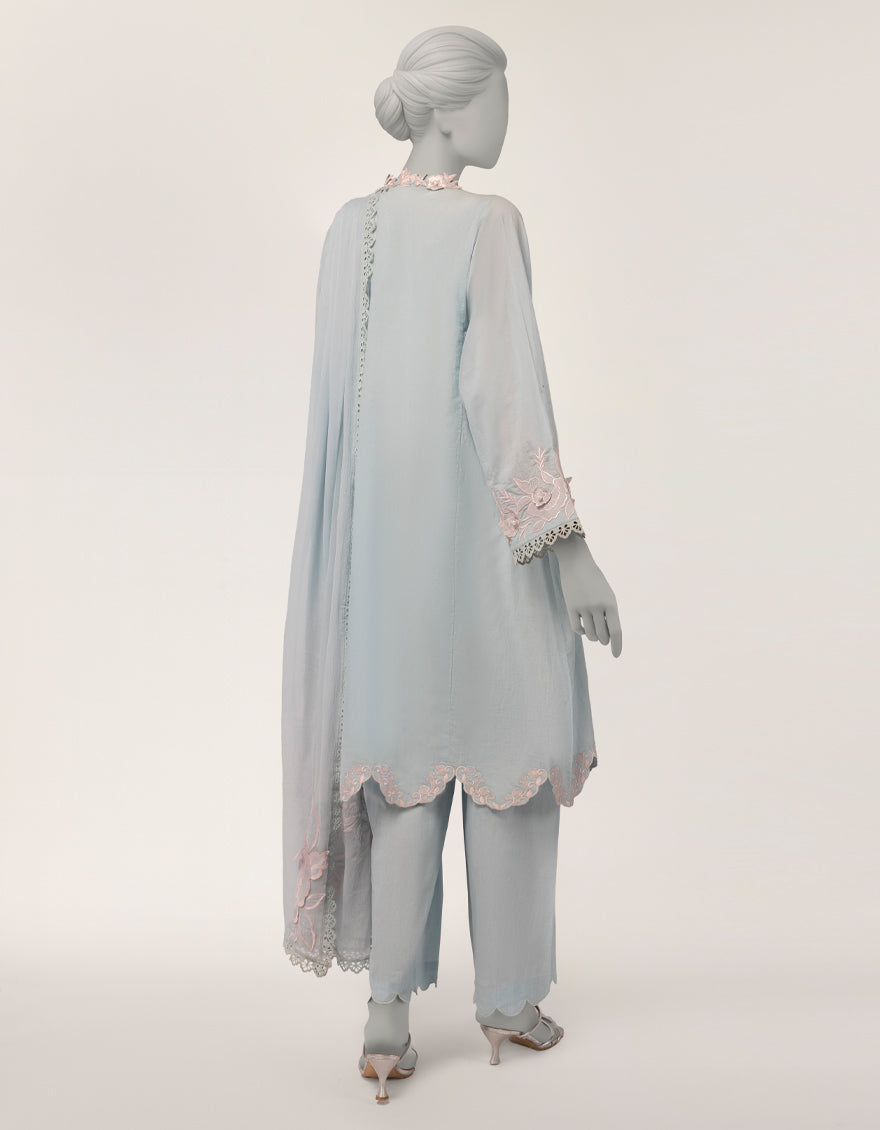 BLUE DOBBY EMBROIDERED STITCHED 3PC