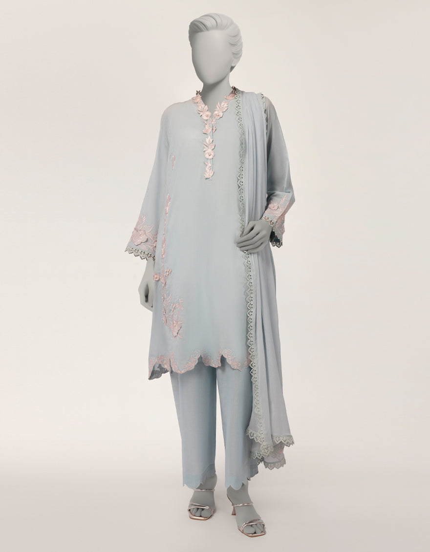 BLUE DOBBY EMBROIDERED STITCHED 3PC