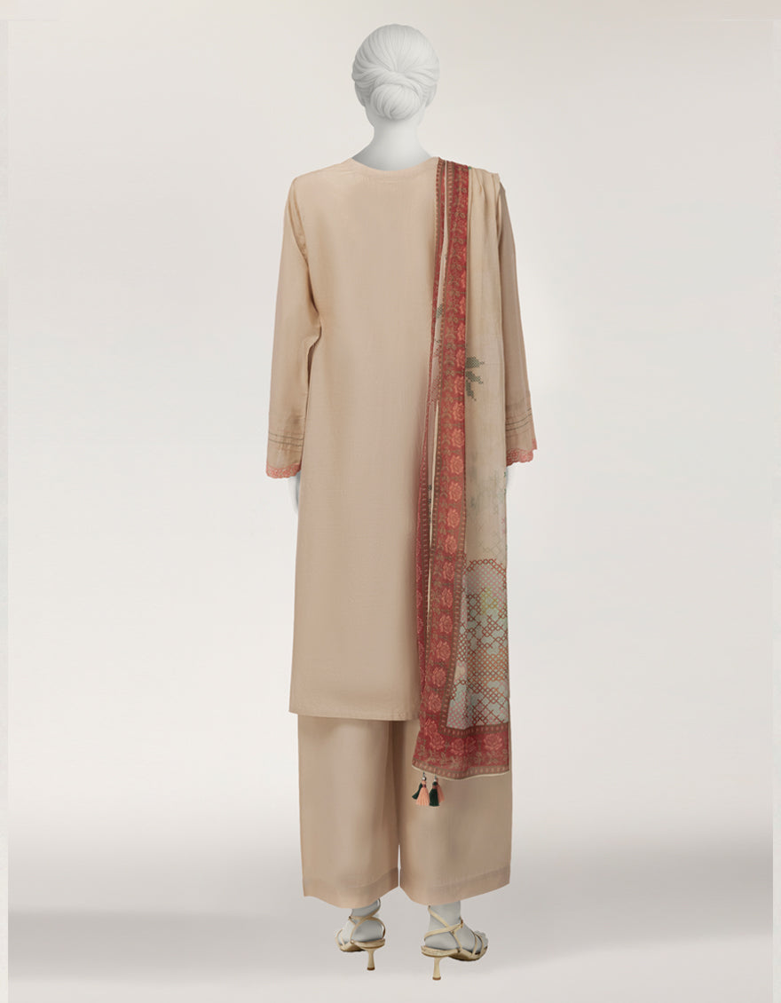 BROWN LAWN EMBROIDERED STITCHED 3PC
