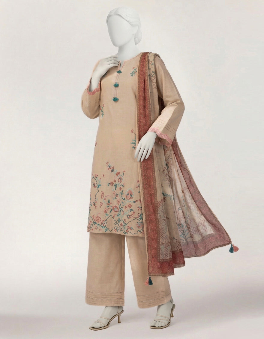BROWN LAWN EMBROIDERED STITCHED 3PC