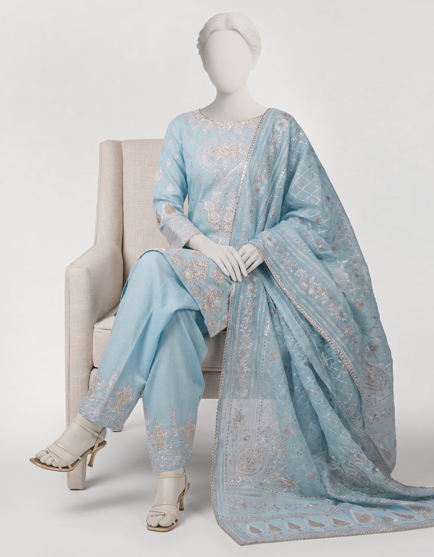 SKY BLUE RAW SILK EMBROIDERED STITCHED 3PC