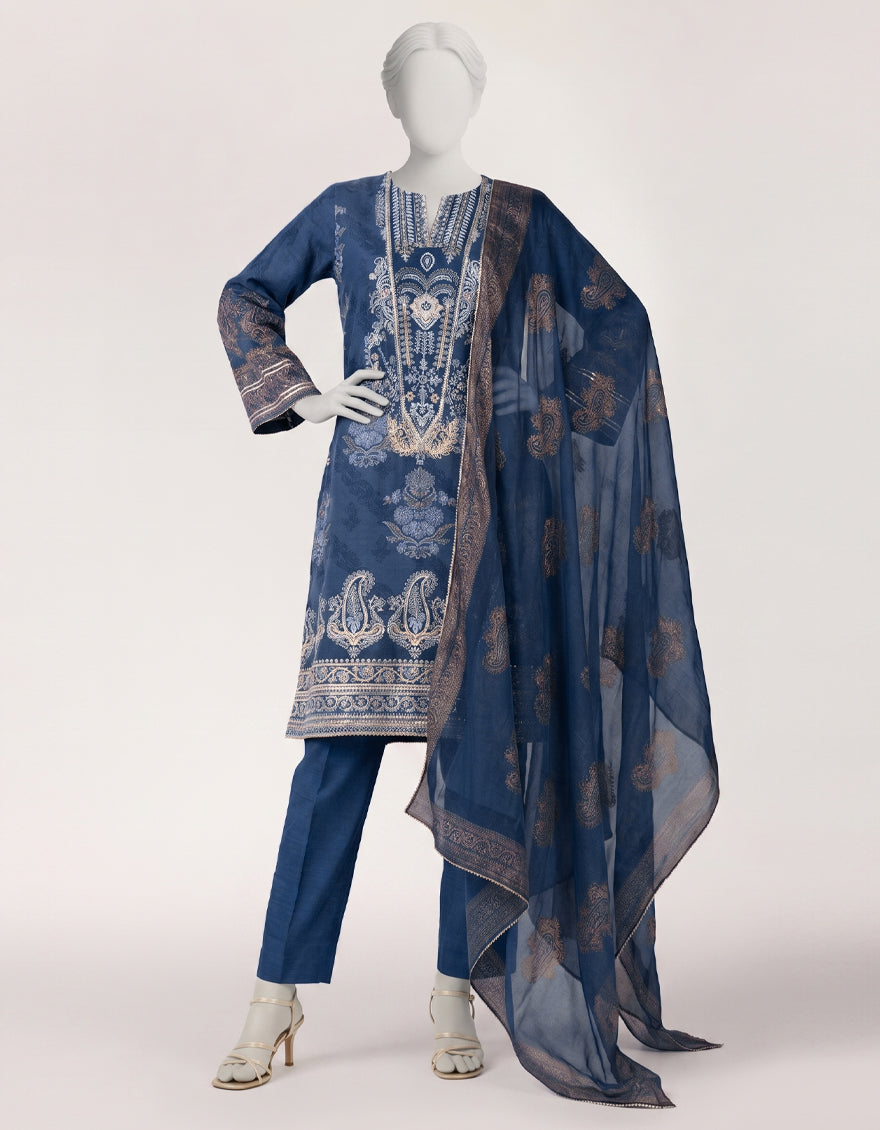 BLUE RAW SILK EMBROIDERED STITCHED 3PC