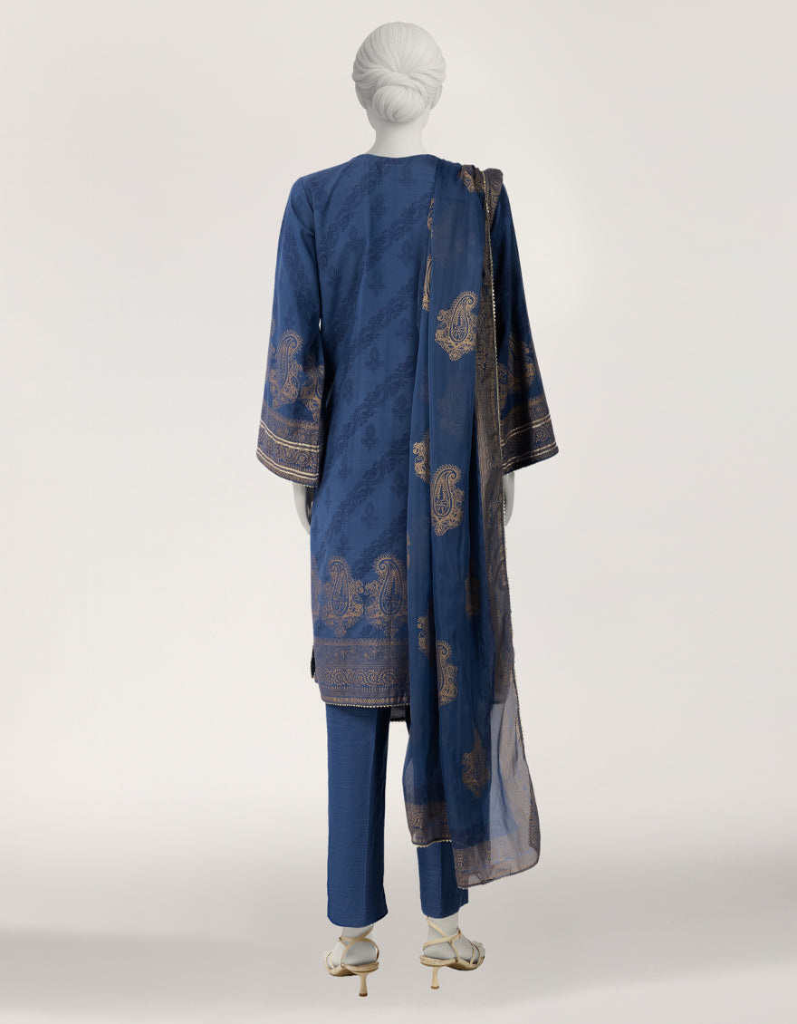 BLUE RAW SILK EMBROIDERED STITCHED 3PC