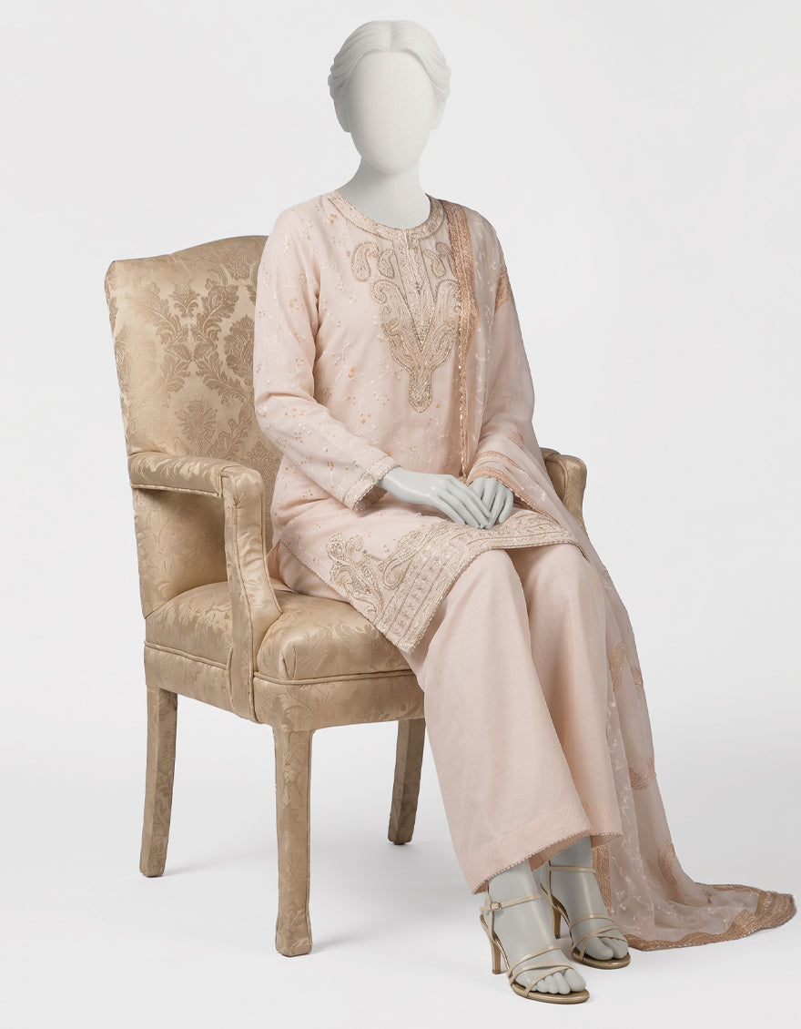 PEACH RAW SILK EMBROIDERED STITCHED 3PC