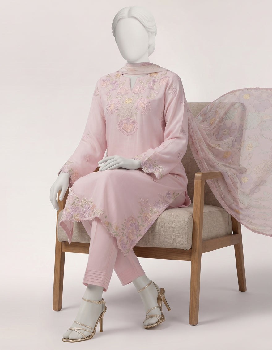 PINK LAWN EMBROIDERED STITCHED 3PC