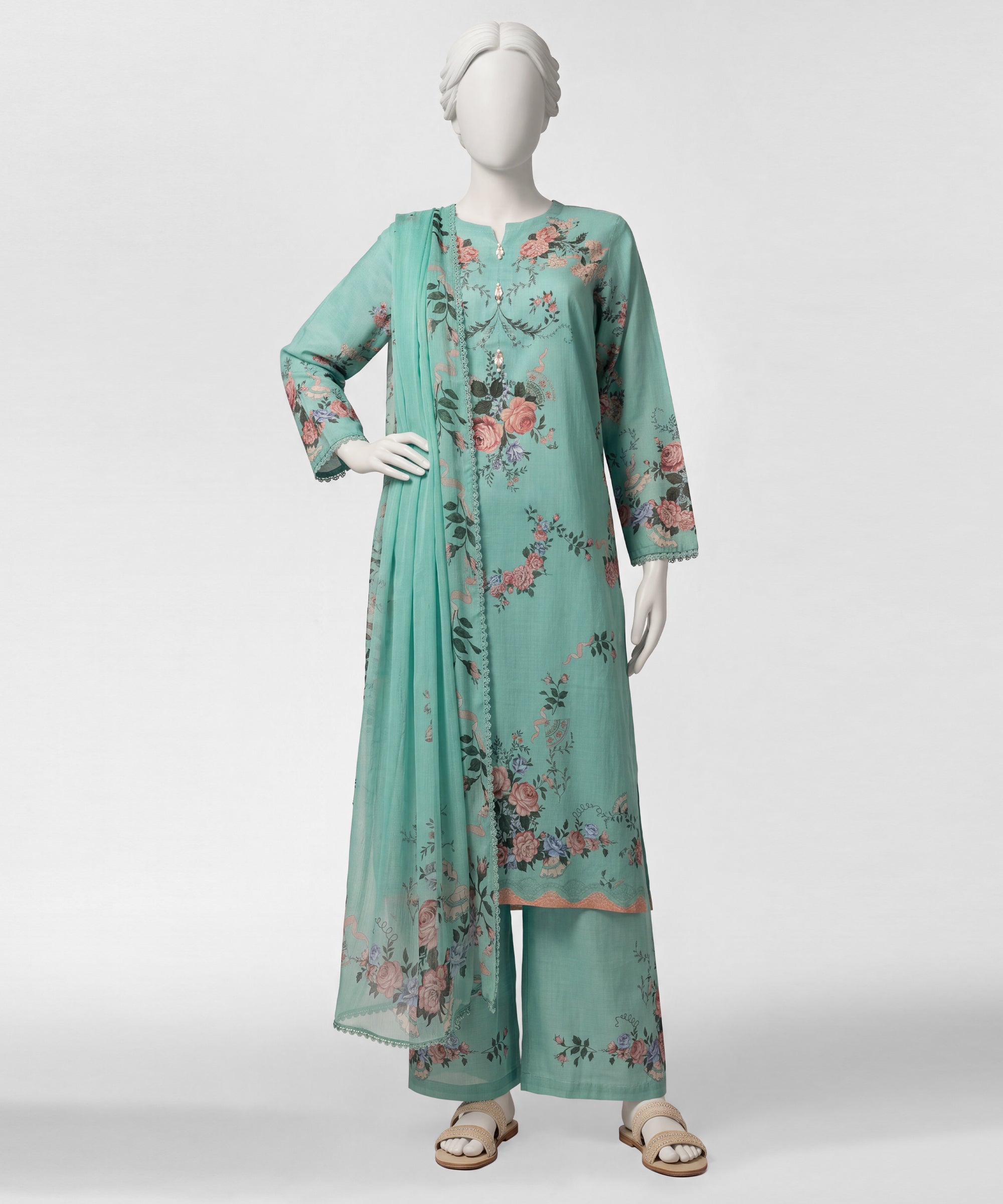 Aqua Green Lawn Digital Printed Stitched 3Pc