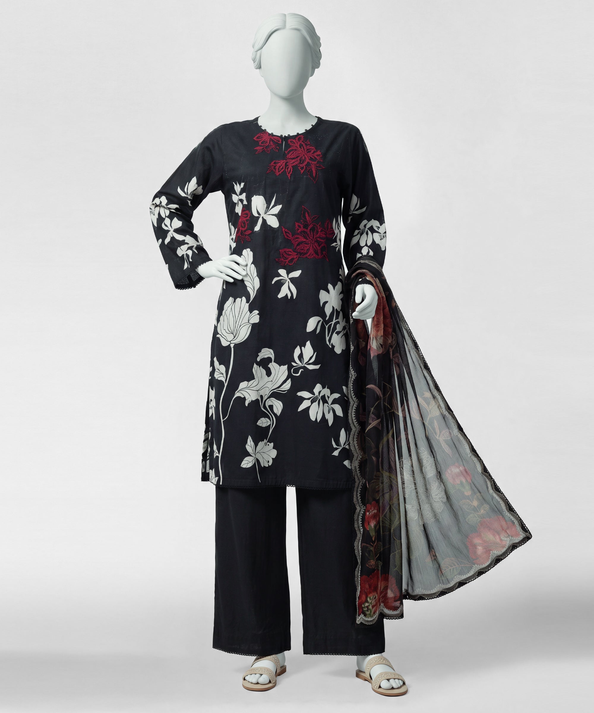 Black Lawn Embroidered Stitched 3Pc