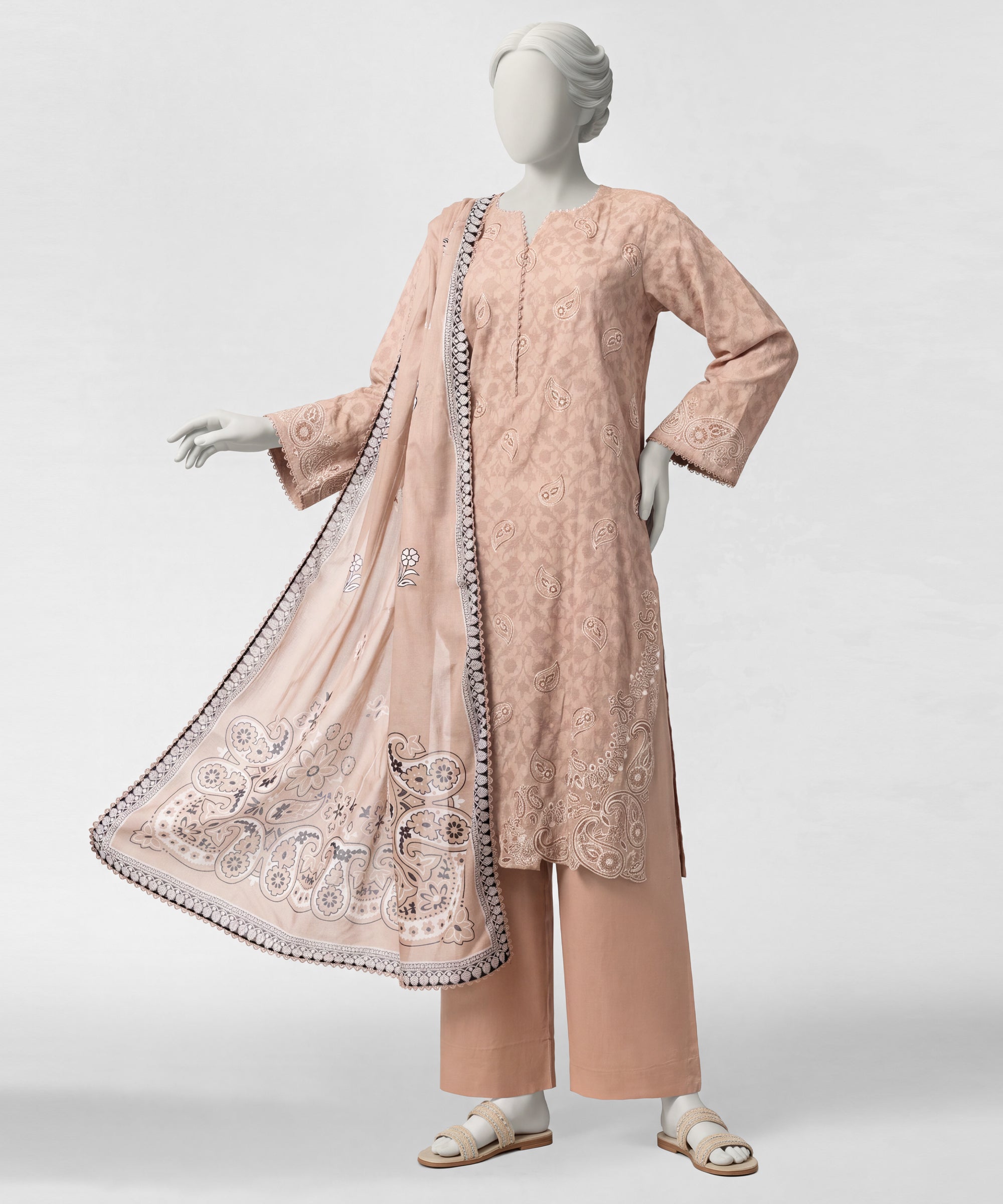Brown Jacquard Embroidered Stitched 3Pc