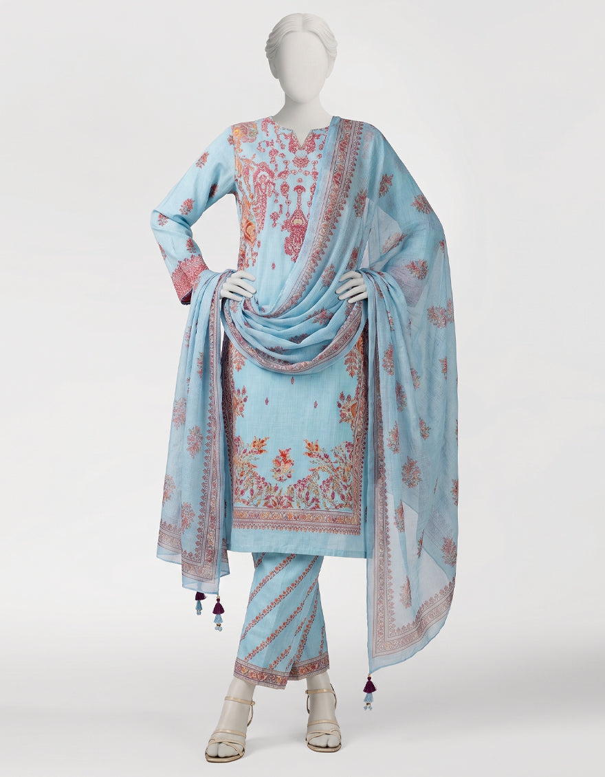 BLUE VISCOSE EMBROIDERED STITCHED 3PC