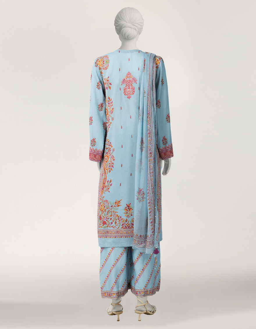 BLUE VISCOSE EMBROIDERED STITCHED 3PC