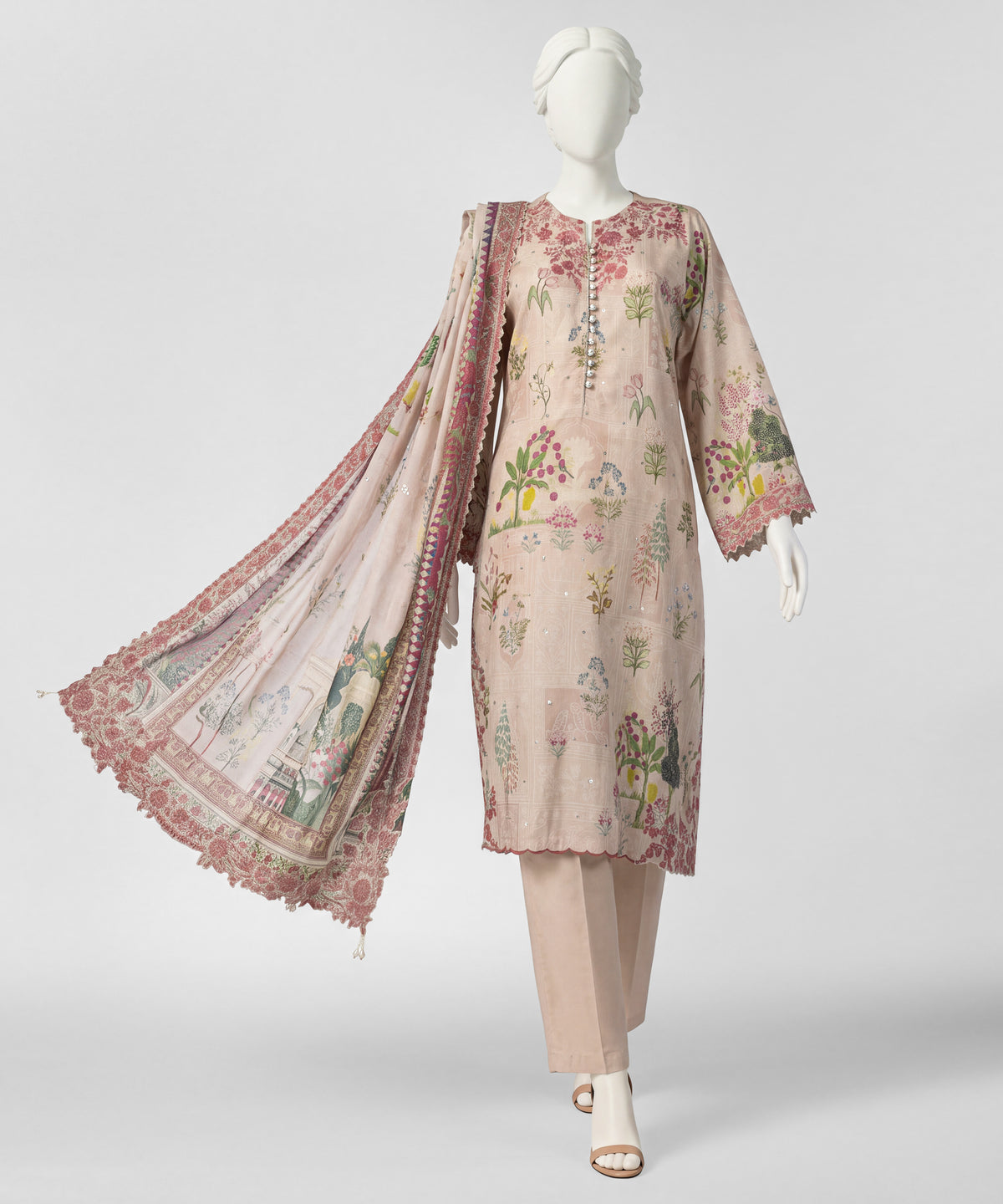 Pink Embroidered Cotton Viscose Stitched 3Pc